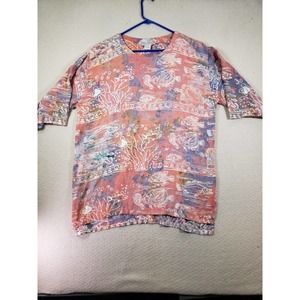 Globetrotter Top Womens XL Orange Sea Life‎ Fish Print Half Sleeve Tunic Blouse